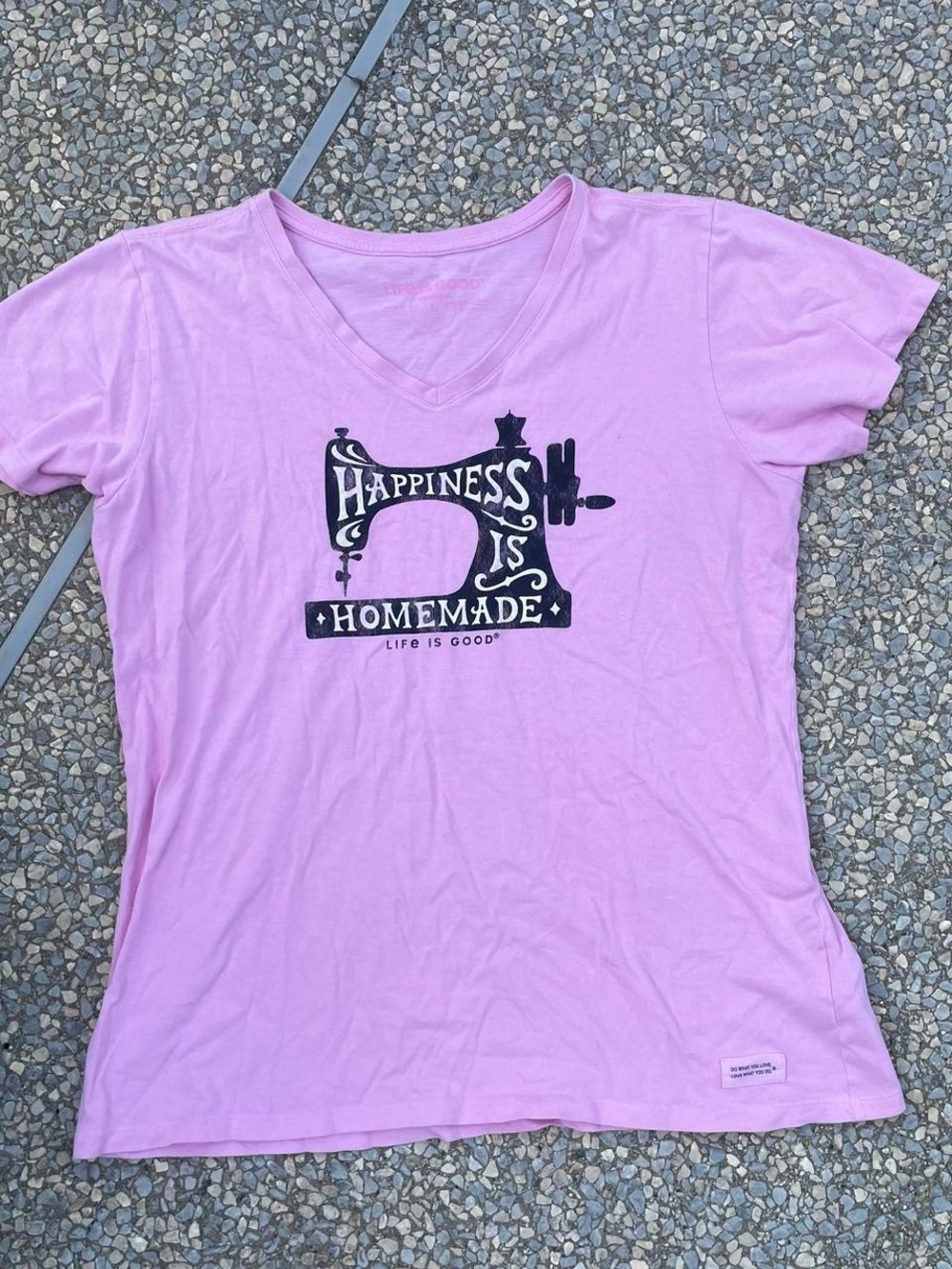 Life Is Good Pink V-Neck Tee with Black Sewing Machine Graphic